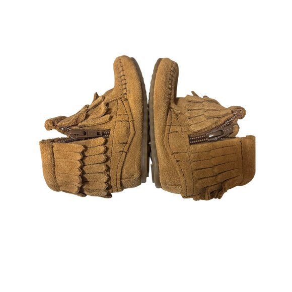 Minnetonka Baby Fringe Booties Size 4 Tan Suede Moccasins With Rubber Soles - Picture 7 of 7